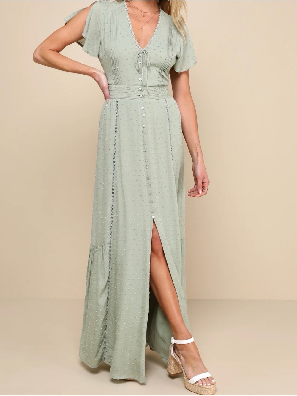 Lulus Sage Green Swiss Dot Maxi Dress Short Sleeve Lace Trim Button Front Large